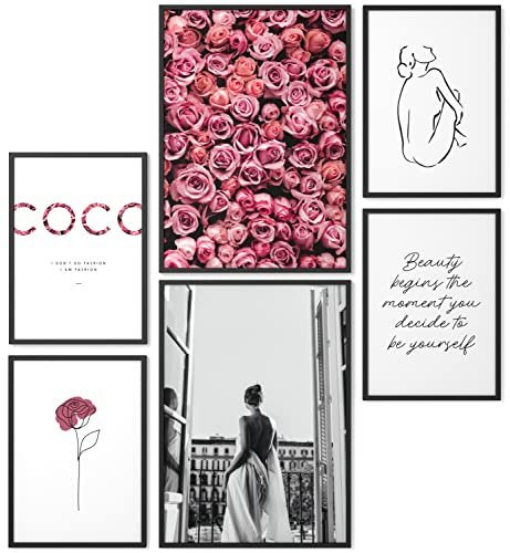 Papierschmiede® Mood Poster Set Coco Rose Love, Bilder Wohnzimmer Deko Schlafzimmer, 2x DIN A4 und 4x DIN A5, Blumen Blüten Rosa - Wandposter ohne Rahmen
