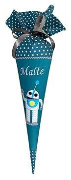 Glückspilz Schultüte mit Namen personalisiert, Roboter, Zuckertüte aus Stoff, mit Kissen, Petrol
