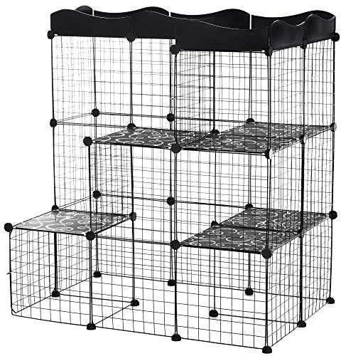 PawHut Cage Parc enclos pour Petits Animaux Chats Lapins modulable 3 Niveaux 2 Portes Rampe Fil métallique 105 x 70 x 116 cm Noir