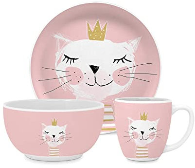 PPD Paperproducts Design Kindergeschirr Set 3-teilig, Teller ø 21 cm / Schüssel ø 12 cm / Tasse 250 ml, Kids-Set aus New Bone China, Motiv: Happy Cat