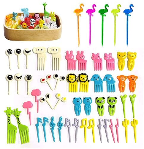 CQQNIU 98 piezas tenedores de frutas lindas mini palillo de dientes de dibujos animados de plástico tenedores de postre reutilizables decoración de magdalenas postre cócteles fiesta en casa