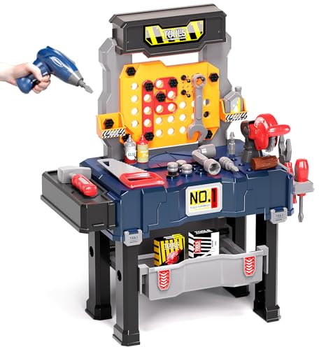 Deejoy Kids Tool Bench with Realistic and Electric Drill, Construction Workbench Toys for Toddlers 3-5, Toddler Bench Set for Boys & Girls Age 3-4