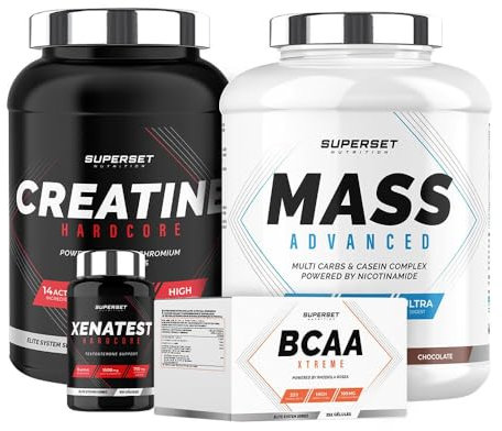 SUPERSET NUTRITION,Programme Prise De Masse Expert - Mass Advanced 2,5kg Chocolat - Créatine Hardcore Orange - Bcaa Xtreme - Xenatest Hardcore