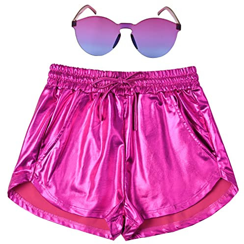 Perfashion Damen Metallic Shorts Sommer Sparkly Hot Outfit Glänzende Kurze Hosen, Rosenrot, Klein