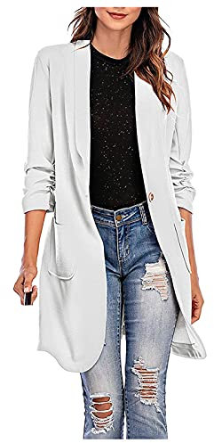 Blazer Femme Chic et Elegant Long Veste de Tailleur Fluides Col Rabattu OL Bureau Affaires Manteau Longue Outerwear Léger Casual Blousons Coupe Vent Manches 3/4 Demi-Saison Automne (Blanc, L)