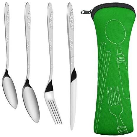 4-Teiliges Besteck-Set Tragbare Bestecktaschen Campingbesteck aus Edelstahl mit Etui Besteckset mit 2 Löffel, Messer, Gabel Outdoor Reisebesteck Set für 1 Person, Reisen Camping Schule Lunch (Grün)