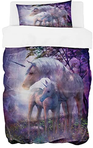 Zomer Bettwäsche Set 135x200 cm 2teilig Bettbezug Mikrofaser Bettwäsche Deckenbezug mit Einhorn Eltern-Kind Motiv - 1 Flauschige Bettdeckenbezug und 1 Kissenbezug 80x80cm