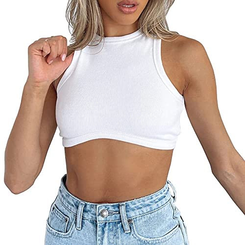 QKEPCY Canotta Donna Magliette Sportivo Fitness Senza Maniche Top Corto Estive Camicie Tank Top Girocollo Lupetto Racerback Crop Top Sport Yoga T Shirts Canottiera