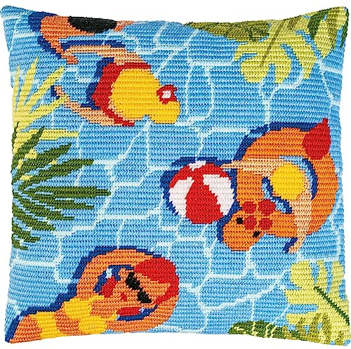 Vervaco Stickpackung Kissen Langstich Set SOMMER Schräger Spannstich Stickerei Set Anfänger Basteln Erwachsene Kreativ Set ca. 40 x 40 cm Bastelset Handwerker Handarbeit Zubehör Geschenkset