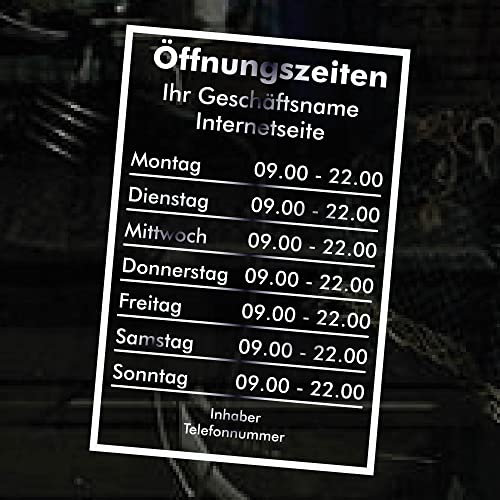 Öffnungszeiten Aufkleber - chrome - mit Rahmen - Schaufensterbeschriftung für Werbung Laden Geschäft - Bistro Scheibe
