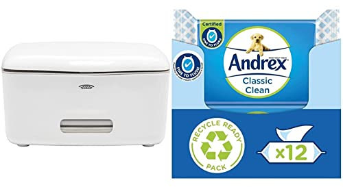 OXO DevaCurl Good Grips Dispenser for Face, Hand Flushable Wipes, 18/8 Stainless Steel, White, A & Andrex Classic Clean Washlets - 12 Packs - Flushable Toilet Tissue Wet Wipes with Micellar Water