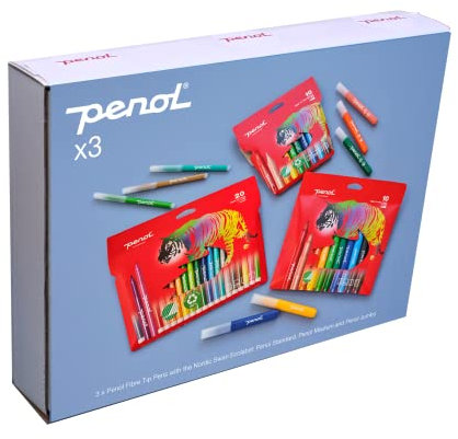 PENOL OF SCANDINAVIA Krea Activity Box – 3er-Pack stoßfeste Faser Filzstifte mit Nordic Swan Ecolabel – langlebige Malstifte, Geschenk für Kinder (Standard, Medium, Jumbo)