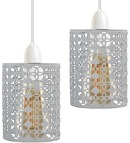 DC VOLTAGE 2 Pack of Industrial Metal Bulb Guard Drum Shaped Lampshades for Ceiling Pendant Lights, Indoor Easy Fit Wire Cages for Kitchen, Hallways (White)