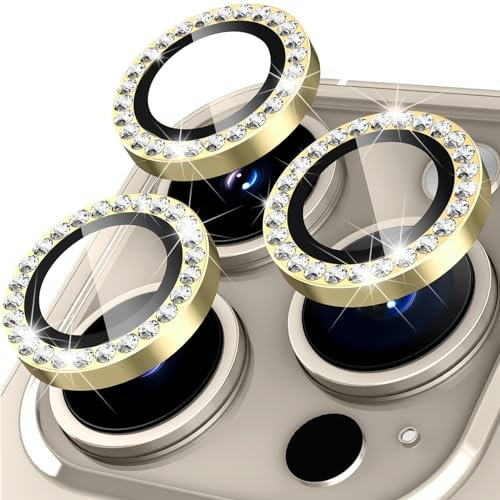 KoGiio Protector de Lente de Cámara Compatible con iPhone 15 Pro/iPhone 15 Pro Max, 9H Cristal Templado Aleación de Aluminio Protectores Objetivos,diamante de cristal brillante-Oro