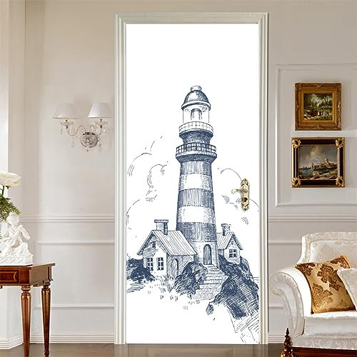 Türaufkleber Leuchtturm Cottage Türtapete Selbstklebend 77x200cm Türposter PVC Wasserdicht Türtapeten für Schlafzimmer Haus Bad Studio Büro Dekoration