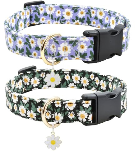 Hundehalsband, Baumwolle, weich, niedliche Blumen, 3 Größen, weiches Nylon, verstellbar, für Mädchen, Damen, kleine, mittelgroße und große Hunde Halsbänder, 2 Stück (01-Blume 7, Größe M (33–45,7 cm)