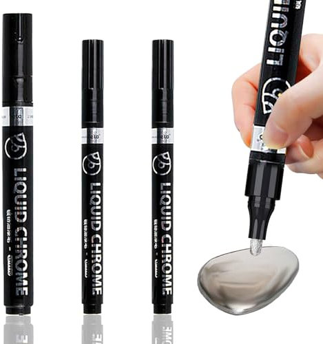QttvbTna 3 Pcs Metallic Chrome Silver Markers, Waterproof Mirror Reflective Chrome Paint Pen, Mirror Acrylic Pens Paint, Gloss Permanent Liquid Chrome Pen for Model Metal(0.8mm, 1mm, 2mm)