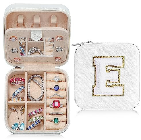 TINGN Klein Schmuckkästchen Damen - Reise Schmuckkästchen Weiß Buchstaben E Schmuckschatulle Personalisiert Geschenke für Frauen Mädchen Geburtstagsgeschenk für Mädchen Schwester Schmuck Damen