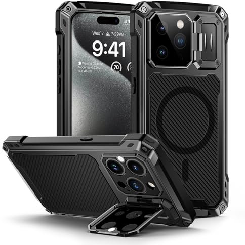 Lanhiem für iPhone 15 Pro Max Hülle Magnetisch Metall Handyhülle mit Kameraschutz Ständer Robust Stoßfest Ganzkörper Militärstandard Schutzhülle Heavy Duty Case mit Displayschutz, Schwarz