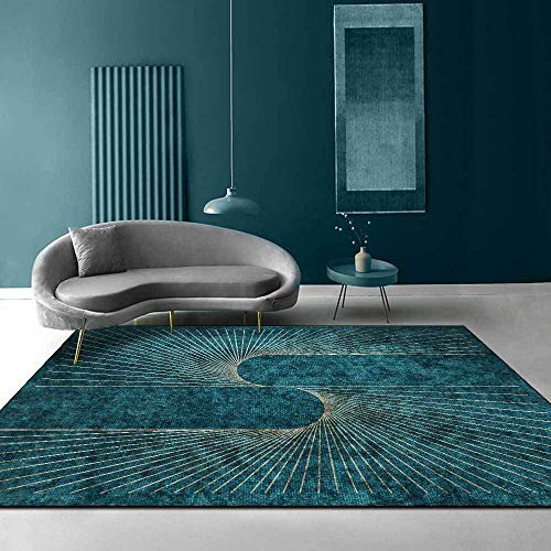 QJDTZMD Tapis de Salon Chambre Design Ligne Or Clair Vert foncé émeraude, rectangulaire, 130 x 150 cm Tapis de Salon Tapis Antidérapant Intérieur Moelleux pour Salon Chambre