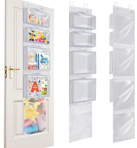 Over Door Organizer and Storage, Toy Hanging Container Holder with 4 Removable Clear Bins, Nursery Closet Cabinet Baby Room Wall Stuffed Animal Bag Case for Bathroom, Bedroom and Pantry