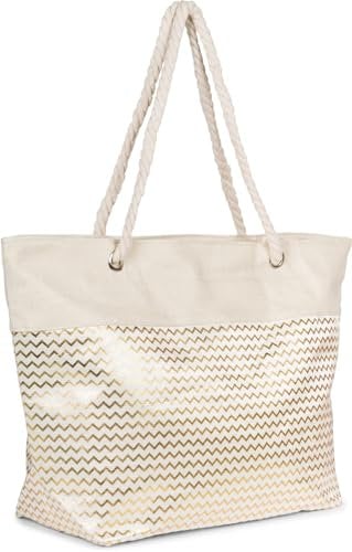 styleBREAKER Sac de plage pour femmes avec motif métallique en zigzag, fermeture éclair, sac à bandoulière XXL, shopper 02012404, couleur:Beige-Or