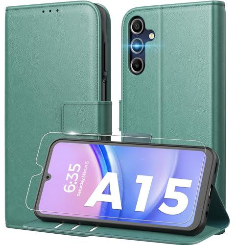 Peakally Handyhülle für Samsung Galaxy A15 5G / A15 4G [Mit 1 Stück Panzer Schutz Glas] [Premium PU Leder] [RFID-Blockierung] [Kartenfach] Klapphülle kompatibel mit A15, Grün