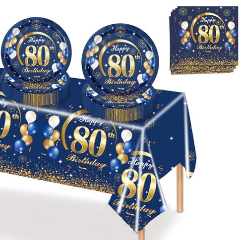 MORAINJAY 37Pcs Birthday Tableware Set for 80,Navy Blue Gold Tableware Set for 80th Birthday Party with Plates,Napkins,Tablecloth,Dinnerware Set for 80,Party Supplies Table Decor for Him,Men,Adults