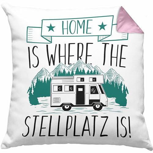 Trendation Home is Where The Stellplatz is Kissen mit Füllung 40x40 Geschenk Wohnmobil Camper Wohnmobilfahrer Geschenkidee Lustig (Rosa)