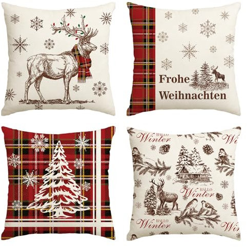 Artoid Mode Rot BüffelKaro Weihnachtsbaum Rentier Frohe Weihnachten Kissenbezüge 4er Set, 40x40 cm Winter Zierkissenbezug Cushion Cover Couch Deko