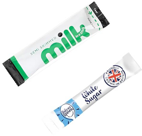 100 pack: 50 Individual Milk & 50 SilverSpoon Sugar Portions - Semi-Skimmed Long Life Milk Sachets & Sugar Sachets Bundle for Coffee & Tea - Office & Travel Friendly - Exclusive to Espresso Yourself