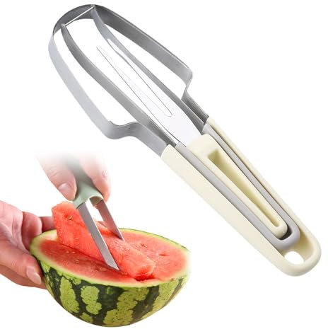 Wassermelonengabel Schneidewerkzeug,3-in-1 Obstschneider aus Edelstahl Doppelkopf-Obstgabeln-Schneidemesser mit rundem Griff, Sommer Wassermelonen-Fruchtschneidegabel (Beige)