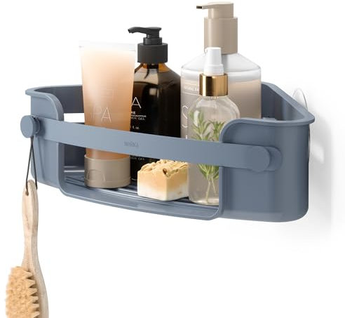 Umbra Flex Eckduschablage zum Kleben, Rostfreies Eckduschregal für Shampoo, Spülung, Duschgel, Seife, Luffaschwamm, Rasierer und Mehr, ohne Bohren, Schieferblau