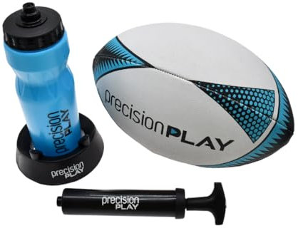 PrecisionPLAY Rugby Training Set, Size 4 Ball, Kicking Tee, Water Bottle, Pump & Carry Bag, Rugby Training Equipment and Gift Kit for Young Players, Blue/Black/White