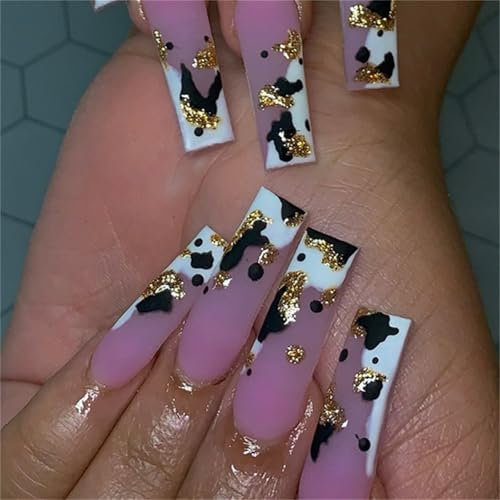 Long Square Press-On Fake Nails Black White Gold Foil Nail Art Decoration Irregular French Manciure for Women and Girls 24pcs