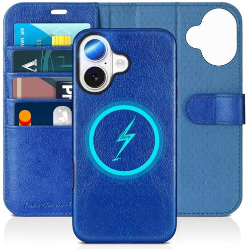 TUCCH Case for iPhone 16 (6.1), [Detachable] 2 in 1 Wallet Cover with[RFID Blocking][Wireless Charging][Card Holders][Viewing Stand] Shockproof Magnetic PU Leather Removable Folding Case, Klein Blue