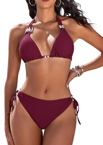 CMTOP Bikini Damen Set Neckholder Triangel Bikini Badeanzüge String Bikini Verstellbare Schnürung Hohe Taille Kordelzug Bikinihose Sexy Swimsuit Zweiteiliger Badeanzug mit Perlen(Dunkelviolett, M)