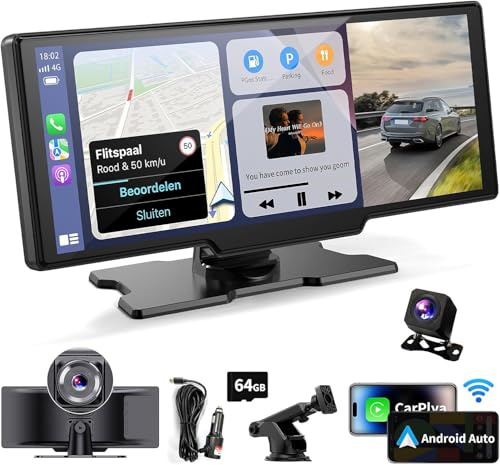 Wireless Carplay Display & Android Auto Display: 10,26 Zoll Tragbares Autoradio mit 4K Dashcam Vorne Rückfahrkamera Siri Bluetooth Mirror Link AUX FM SD-Karte für All Vehicles