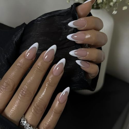 Press on Nails Almond - False Nails French Tip - 24pcs Long Fake nails with Glue - Stick on Nails for Women - Full Cover Almond Nail Tips Long Lasting for DIY French Manicure Home