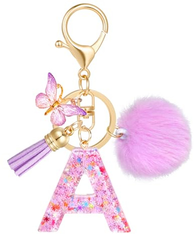 JSRQT Porte-clés Lettre Initiale en Résine, Porte-clés Alphabet Violet Flocons de Neige avec Pendentif Frange Papillon