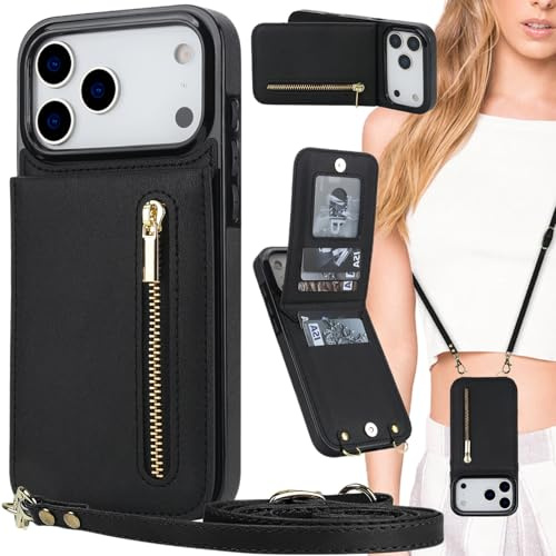Ysnzaq für iPhone 17 Pro Max Hülle mit Band und Kartenhalter, PU Leder Handykette Umhängetasche mit Reißverschluss Geldbörse Handyhülle für iPhone 17 Pro Max-XK Black