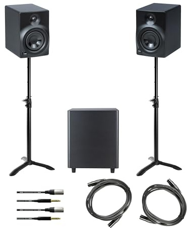Fame Audio Studio Set, 10'' Subwoofer, 2 Aktive Studiomonitore, 2 Monitor Stative, 4 Mikrofonkabel 3 m, 200W RMS, Frequenzbereich 30-200Hz, ideal für professionelle Audioanwendungen