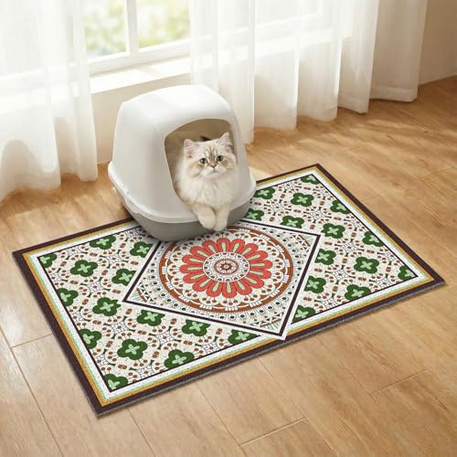 Bohemian Kitty Litter Mat 60 * 43 cm,Non-Slip Litter Box Mat, Washable Cat Litter Rug Catcher,Double-Layer Litter Trapping Mat for Scatter Control, Easy Clean Cat Food Mat & Floor Protector