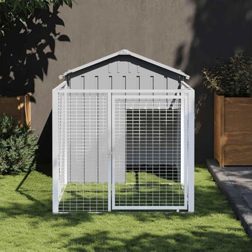 Mengtu Hundehütte mit Auslauf - Verzinkter Stahl, Hellgrau, 117x201x123 cm, für Sicherheit und Komfort Model172352