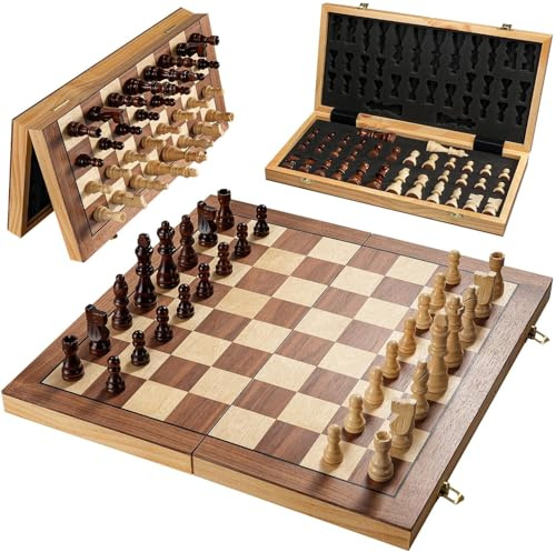 Magnetic Chess Board Set for Adults & Kids, 15 Wooden Folding Chess Boards, Handcrafted Portable Travel Chess Game with Pieces Storage Slots