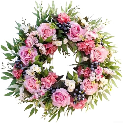 Künstlicher Frühlingsblumenkranz Girlande rosa Seidenrosen Heidelbeeren Hortensien handgefertigter Türkranz für Hochzeit Heimdekoration Zwei Größen Optionen 30 cm oder 40 cm