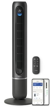 Philips ventilador de torre Serie 7000 - ventilador conectado, Potente 8,4 m/s, ultra silencioso 22dB, modo Sleep, 12 velocidades, pantalla de temperatura, temporizador 12h, oscilación 80° (CX7550/01)