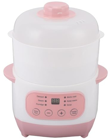 Fockety Elektrischer Eintopf, 200 W, 1 L, Keramiktopf, Innentopf mit Dampfkorb und Intelligentem Anti Trockenbrand, Suppenbrei Kocher, Schongarer für Reis und Brei (EU-Stecker 220 V)