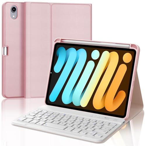 IVEOPPE Hülle mit Tastatur für iPad mini 7a/6a Generazione (2024/2021 8.3 Zoll), Deutsch QWERTZ Keyboard, Bluetooth Abnehmbare Tastatur für iPad mini 6/7 A17 Pro 8.3, Rosa