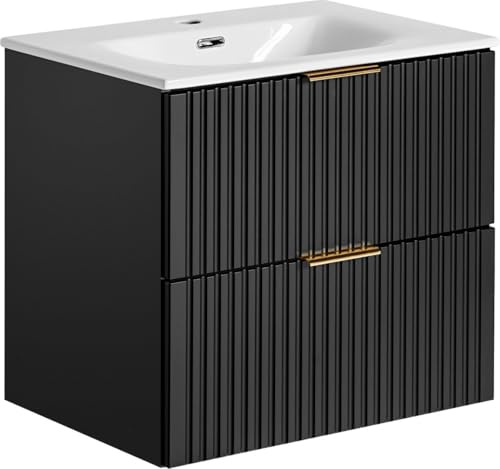 WFL GROUP Waschtischunterschrank mit Integriertem Keramik-Waschbecken – Wandhängend, Geriffelte Soft-Close-Schubladen, Rillenfronten in Schwarz Matt – 60 cm Breit